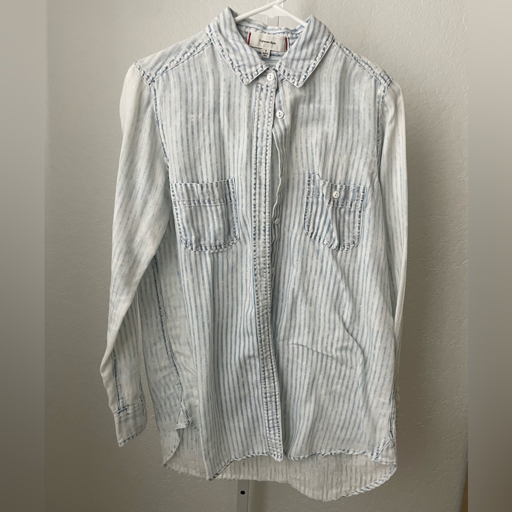 Light blue and white, distressed button-down tunic